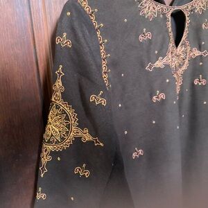 Pakistani designer brown suede long kameez embroidered in fall colors